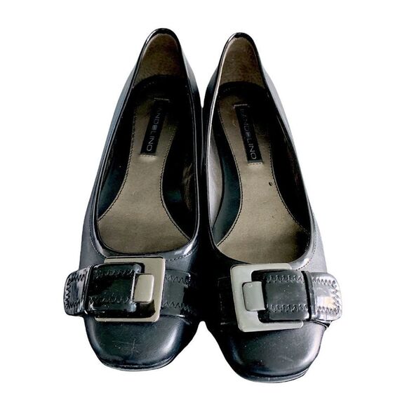 Bandolino black leather wedge flats buckle front new 6 - Picture 1 of 5